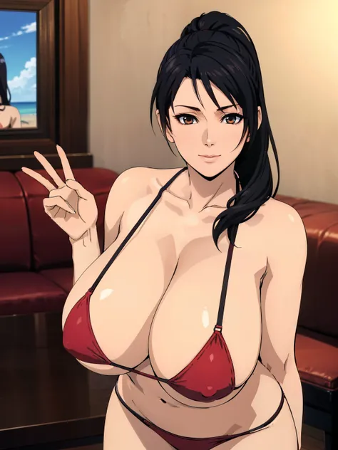 very tempting pose, red bikini, livingroom background, momiji, anime cels style, best quality, high resolution, 1girl, (huge breasts:1.2), beautiful face, black hair, long hair, ponytail, black eye, cowboy shot