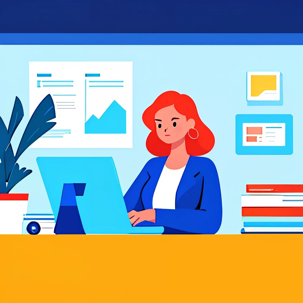 A woman is working on a computer in a room with various objects, featuring editorial illustrations in pastel, James Gillards style, flat style illustrations, digital style illustrations, magazine illustrations in modern style, Rutkovsky style, and programm...