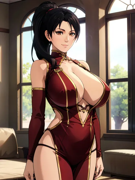 standing, mikoto outfit, livingroom background, momiji, anime cels style, best quality, high resolution, 1girl, (huge breasts:1.2), beautiful face, black hair, long hair, ponytail, brown eyes, cowboy shot, light smile