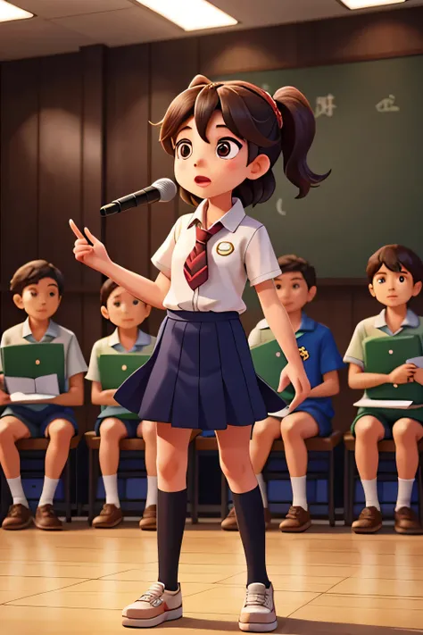  Lulu stands on a stage, holding a microphone, as she delivers a passionate speech about saving the environment. Her classmates listen intently, inspired by her words.