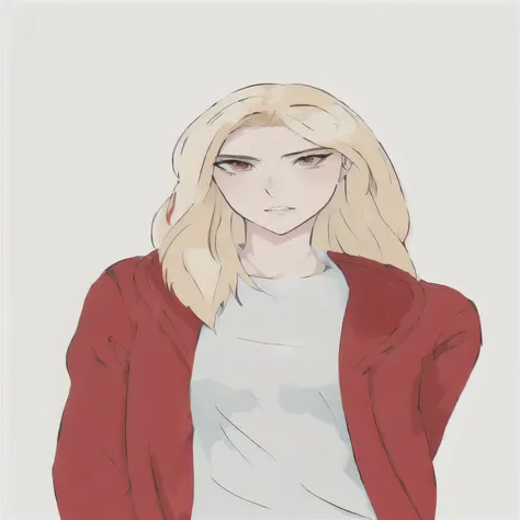 a cartoon image of a blonde woman with a red jacket, blonde anime girl with long hair, anime style character, portrait of a female anime hero, portrait of anime woman, attractive androgynous humanoid, in the art style of bowater, long blonde hair and large...