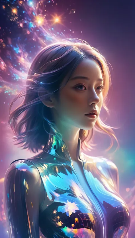 （multiple exposure：1.8），dubrec style，girl virtual holographic digital avatar，futuristic magnificent starry sky image foreground，...