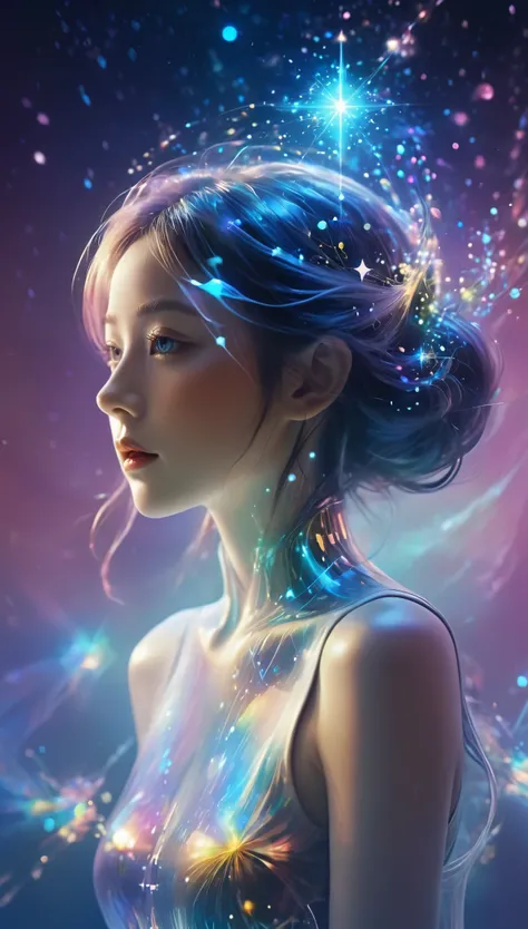 （multiple exposure：1.8），Dubrec style，Girl virtual holographic digital avatar，Futuristic magnificent starry sky image foreground，psychedelic planet，magic nebula，In space，Complex illustrations in surrealist art style，Surreal dreams，Become an invisible virtua...