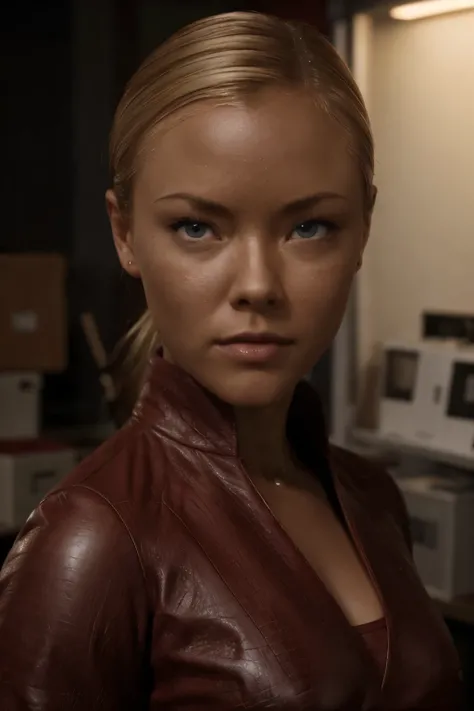 as Kristanna Loken T-X, Kristanna Loken head, 23 age, ultra-detailed, realistic, realistic face, perfect face, perfect nose, detailed hair, blond collected office hairstyle, detailed eyes, red leather dress, black high heel shoes, (best quality), masterpie...