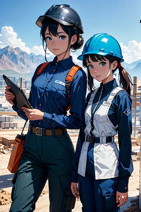 (best quality, highres), two girls working on a construction site, long-sleeved shirt, cargo pants, safety helmet, work belt, high altitude safety harness, they are checking the progress of the construction with an tablet device. ,a girl in a suit wearing ...