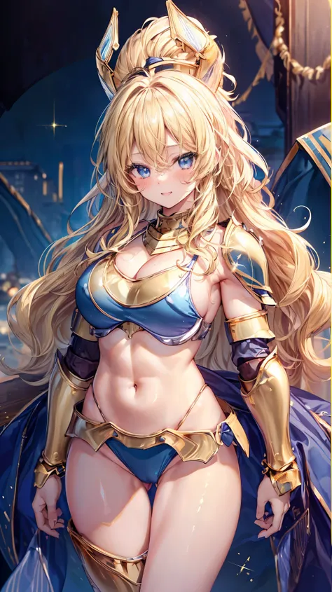 Very detailed、highest quality、Best image quality、masterpiece、8k、Anime Face、A kind smile、Open your mouth、Sparkling blue eyes、(Blonde wavy hair:1.5)、、Muscles of the whole body、camisole、Thigh belt、mini skirt、(Wearing gold bikini armor:1.5)、(Cowboy Shot:1.5)、(...