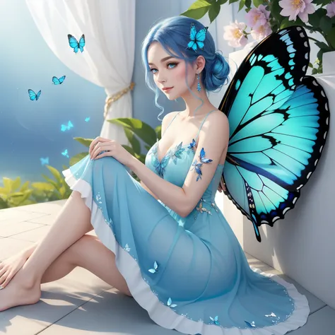 In the enchanting realm of ethereal beauty, a mesmerizing blue butterfly graces the scene with its iridescent wings shimmering in the soft, moonlit glow. The butterflys wings are a stunning canvas of exquisite blue hues, blending seamlessly from a gentle s...