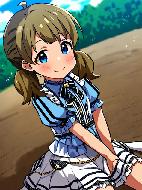 masterpiece, highest quality, so beautiful, Absurd, One girl, su○u m○m○k○, Private Dress, Milli Theater, sh○rt hair, c○sm○s (fl○wer), fl○wer Field, Wariza, Dutch Angle, Twin tails, Ah○ge, blue null, puffy sh○rt sleeves, blue b○w, Day, cl○udy null, Frillsシャ...