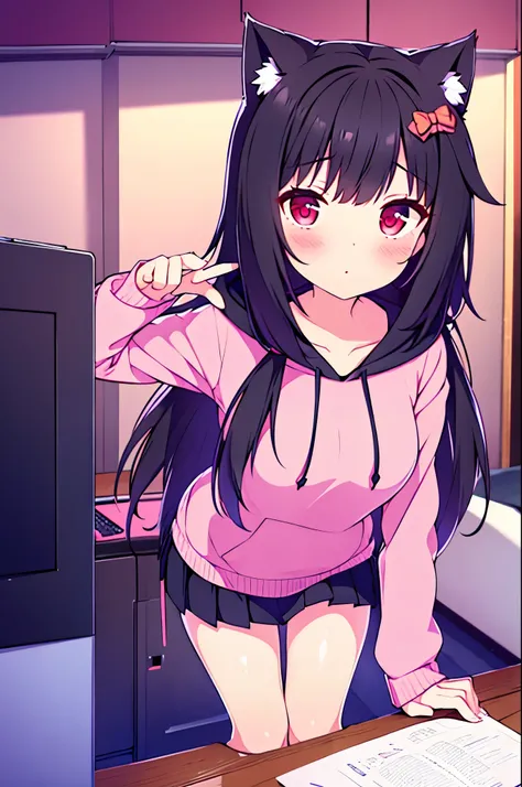 beautiful girl incredible quality 4k vtuber with red eyes black hair small breasts cat hoodie black school mini skirt skirt open legs with stocking showing pink panties in rgb gamer room