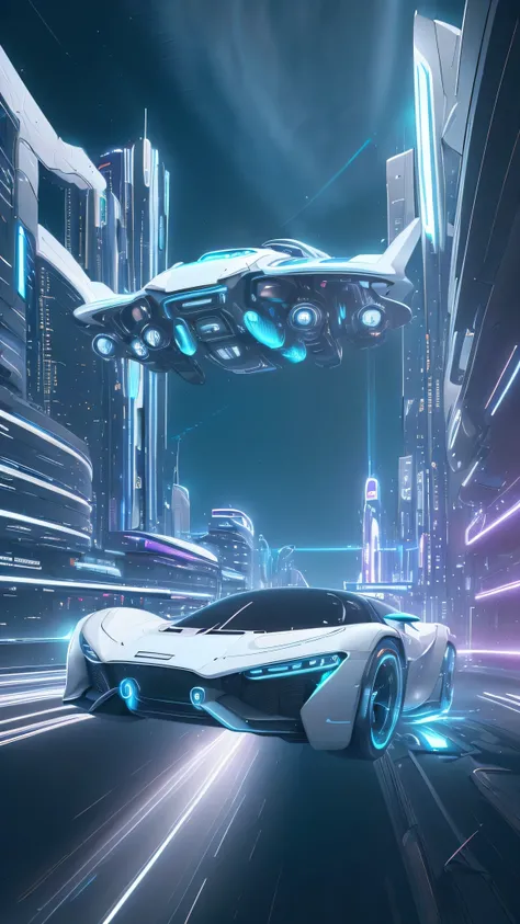 new technology, smooth, Futuristic car, Floating above the bustling city at night, ((Neon blue light)), with a smooth and aerodynamic design, Colorful lights reflecting the cityscape below, Super detailed, Surrealism, Clear focus, Octane Rendering