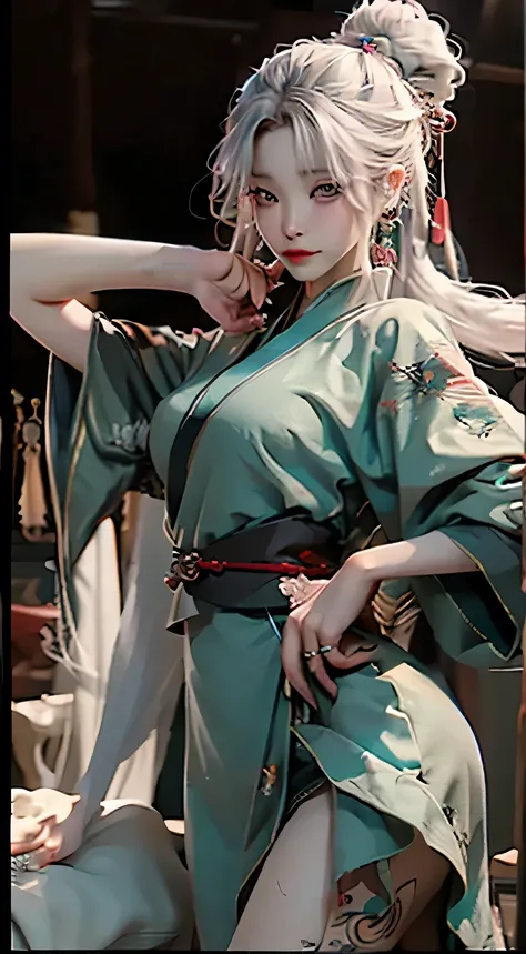 Photorealistic, High resolution, 1 woman, hips up high, Beautiful eyes, Long hair, Ringed Eyes, White hair, Jewelry, The tattoo, Hanfu, chinese fairy