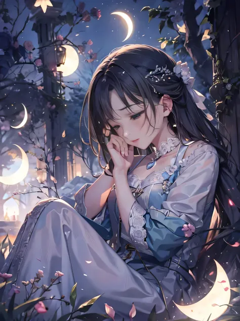 ，masterpiece, highest quality，8k, Ultra-high resolution，Moonlit Night，women are，Lying on the grass，Looking at the moon shining in the sky。she clasped her hands.，I pray that light will shine on her lost love..。Remembering the warmth of the past，Tears overfl...