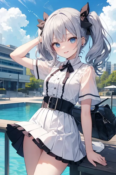 Silver-haired blue eyes、 girl、Small breasts、Twin tails、Laughter、Nico Nico Smile、Wink、 girl、Looks about 15 years old、Petan Musume、short、There are highlights on the eyes、Gal-like appearance、Wearing piercings、Sexy short sleeve outfit、mini skirt、The wind is bl...