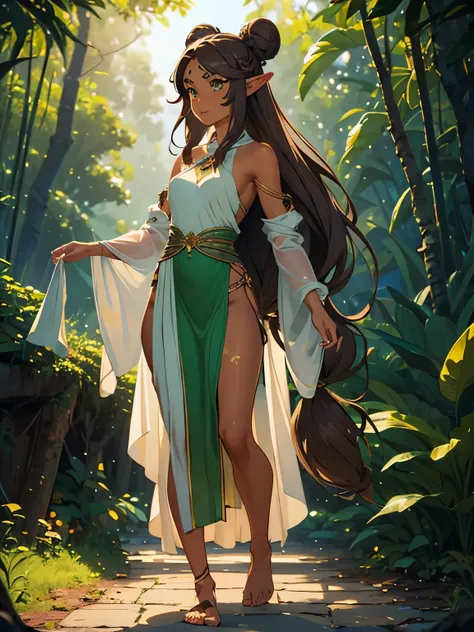masterpiece, high quality, illustration, extremely detailed, cg unity 8k, ((summer: 1.4)), 1_women, ((full body)), (tan exotic skin_complexion:1.4), mature, statuesque, beautiful, exotic, with long elf ears, smiling, (((looking away from viewer))), medium ...