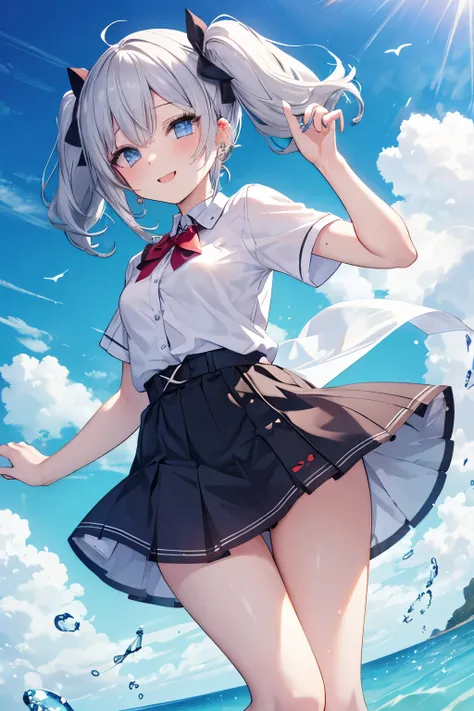 Silver-haired blue eyes、 girl、Small breasts、Twin tails、Laughter、Nico Nico Smile、Wink、 girl、Looks about 15 years old、Petan Musume、short、There are highlights on the eyes、Gal-like appearance、Wearing piercings、Sexy short sleeve outfit、mini skirt、The wind is bl...