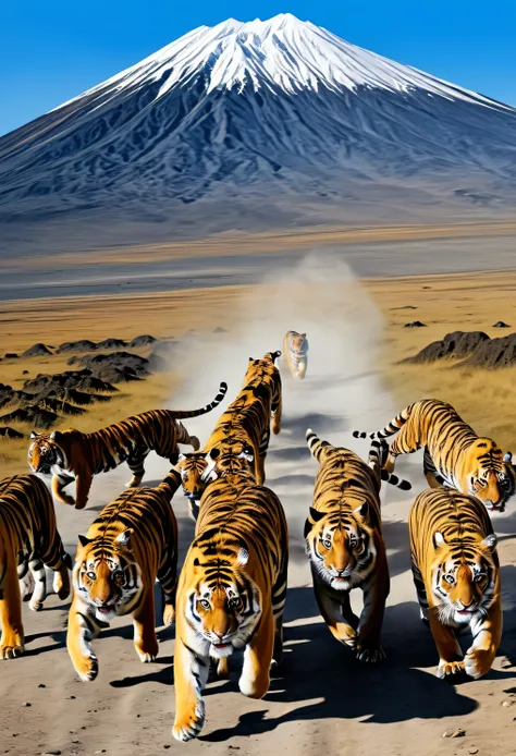 Photo of a realistic view of a herd of tigers running towards a mountain crater which produces clear, high quality ultra HD photos