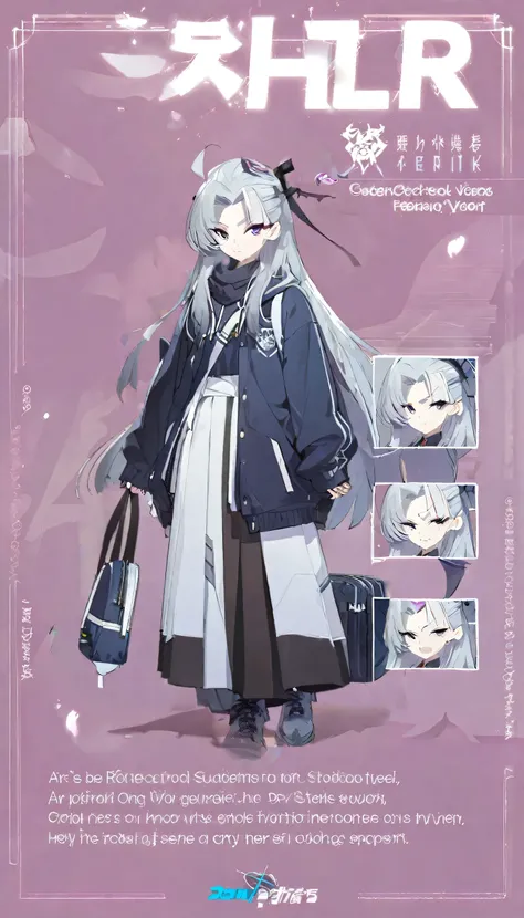 One Girl,High ,Long Hair,Grey Hair,high school student,Concept Art,whole body,Are standing,cool,bag,Simple background gray,Holding a smartphone in hand,