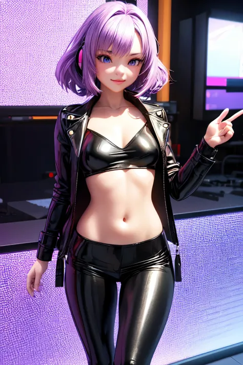 Young woman, purple hair, neon background, Anime, Leather clothes, music, Best quality, 3d model