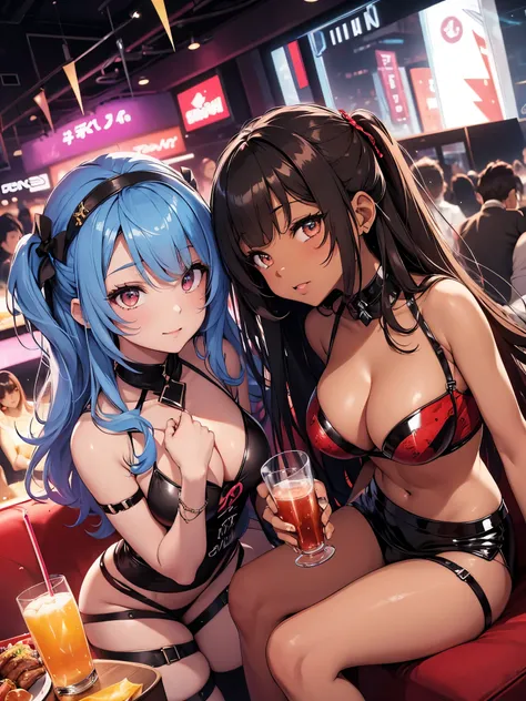 4 girls 、(Blackskin and Brown Skin and Whiteskin Gyarus:1.5, Random gyaru), Chilarism、(nightclub:1.5, nightclub lady:1.2, Nightlounge:1.2, lounge girls:1.3, neon Light and Dark)、Upper body portrait、drink alcohol、Drunkards、Fun atmosphere、sexy lady、Sit on th...