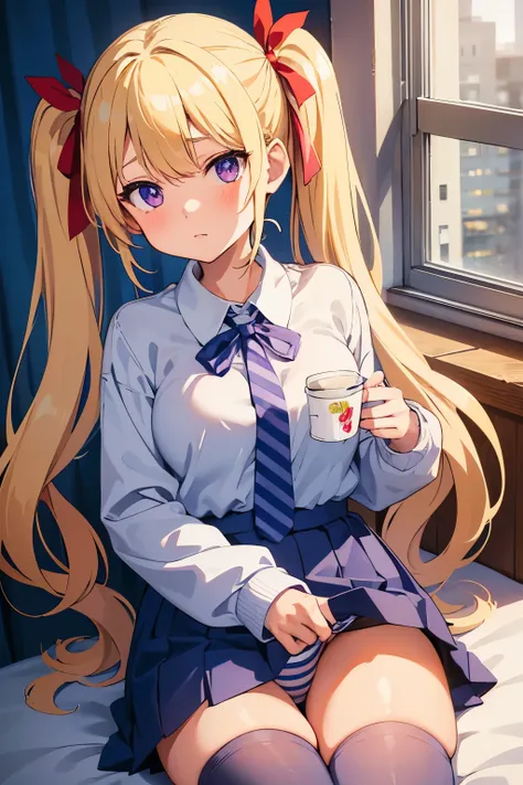 Studio Apartment Rooms　Middle school girl, 14 years old, gal, A cup breasts, blonde, long pigtails, red ribbon in pigtails, purple eyes （（one person））  White long sleeve blouse on the upper body, navy blue mini skirt on the lower body, blue tie, white and ...