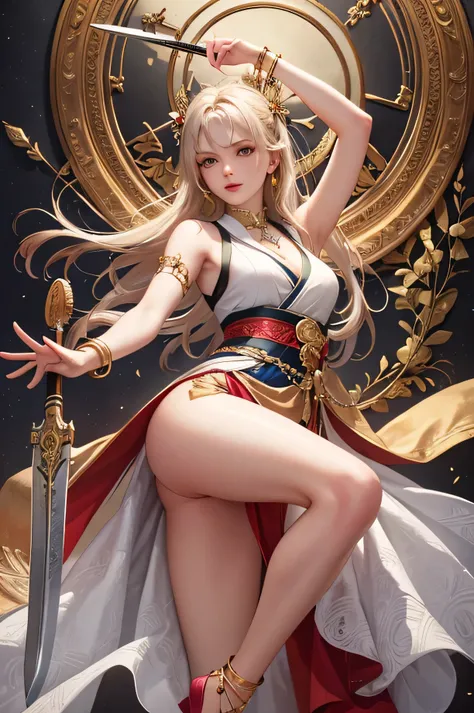 ((highest quality)), ((masterpiece)), (detailed), One beautiful girl,Dancing with a sword,One leg raised,Perfect Face,Perfect body,Wearing a sleeveless kimono,Bracelet