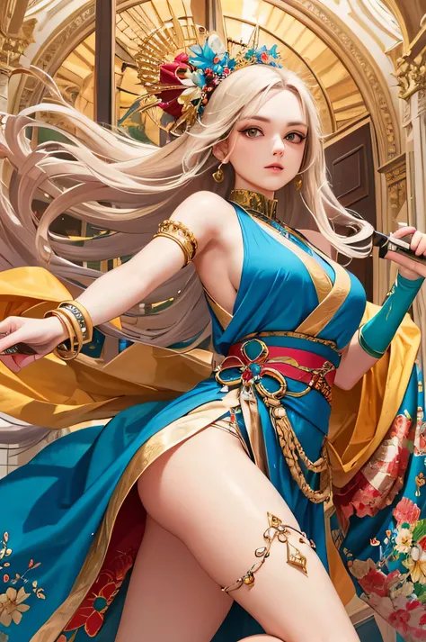 ((highest quality)), ((masterpiece)), (detailed), One beautiful girl,Dancing with a sword,One leg raised,Perfect Face,Perfect body,Wearing a sleeveless kimono,Bracelet