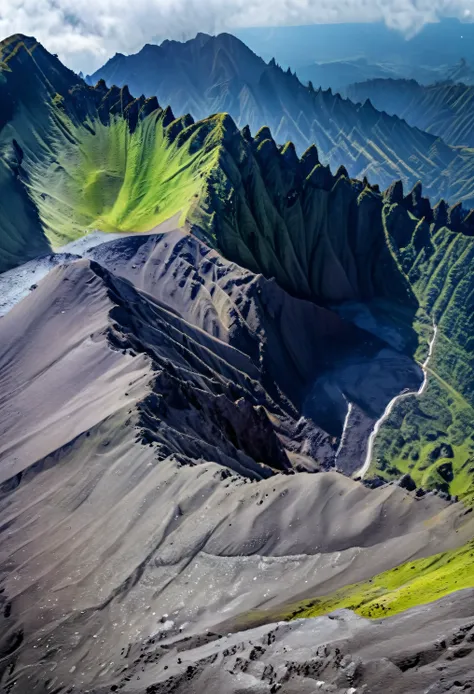 photo of a realistic view of the dieng mountain crater using a drone which produces ultra hd photos