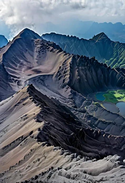 photo of a realistic view of the dieng mountain crater using a drone which produces ultra hd photos