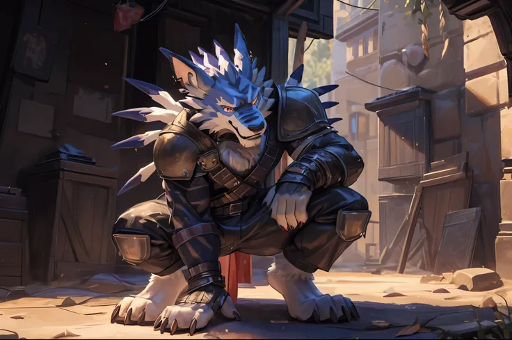 (((Barefoot furry character, full body, cinematic setting, furry male))) 
Barefoot (hypnotised) WereGarurumon wears ((black ninja suit)), get down on one knee as if praying, detailed paws with claws, blue fur, in a trance, a look of weak resistance to hypn...