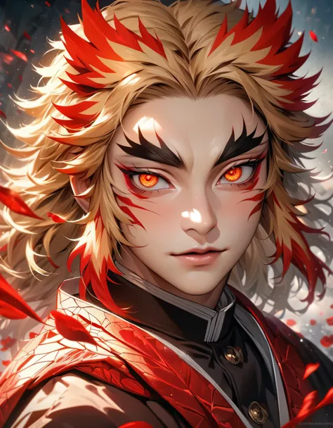 absurdres, highres, ultra detailed, HDR, master piece, best quality, extremely detailed face and eyes, perfect face, realistic face, beautiful eyes, Rengoku Kyojuro, blond hair, expressive orange eyes, Kimetsu No Yaiba, solo, man, handsome, red ice butterf...