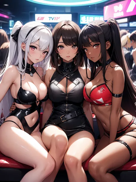 4 girls 、(Blackskin and Brown Skin and Whiteskin Gyarus:1.5, Random gyaru), Chilarism、(nightclub:1.5, nightclub lady:1.2, Nightlounge:1.2, lounge girls:1.3, neon Light and Dark)、Upper body portrait、drink alcohol、Drunkards、Fun atmosphere、sexy lady、Sit on th...