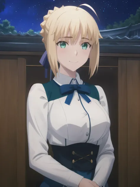 best quality, masterpiece, highres, ray_tracing_graphic, solo, adult_female, {saber_fatestaynightufotable:1.15}, blonde_hair, li...