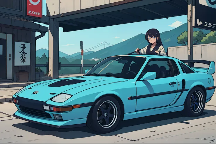 highest quality, Anime Style, Tuning car, Japanese car, jam, Mazda, RX7, Blue and navy car