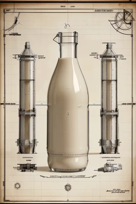 Highly detailed technical drawing of a full bottle of milk The illustrations should include a side view, cross-sections, and exploded views to show both the exterior and interior components. Labeled parts with annotations specifying materials, dimensions, ...