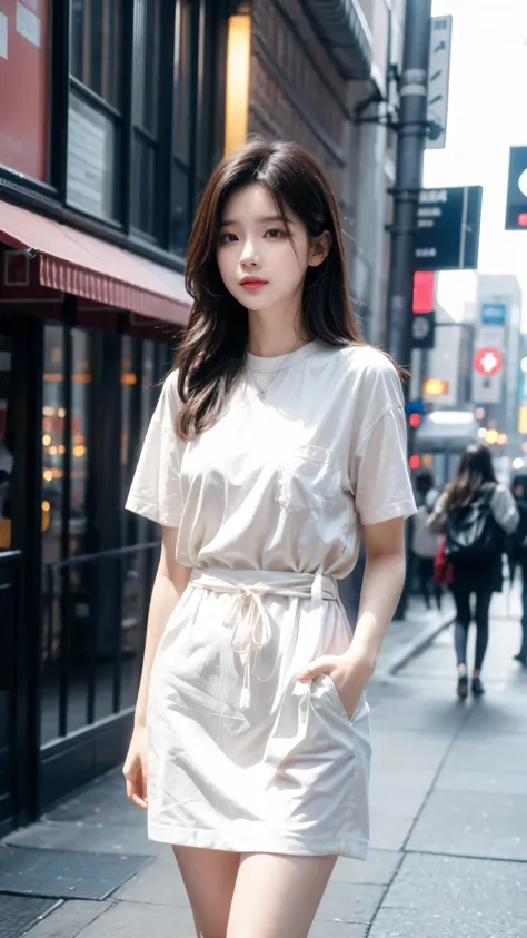 A young woman standing on the street, Blurred Background, beautiful, Reality