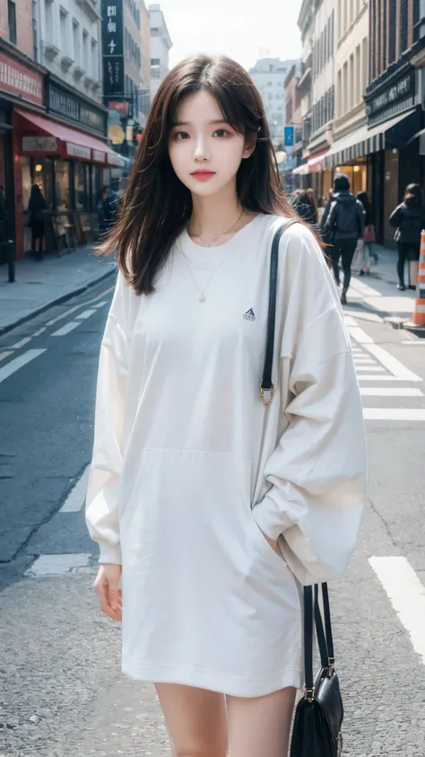 A young woman standing on the street, Blurred Background, beautiful, Reality