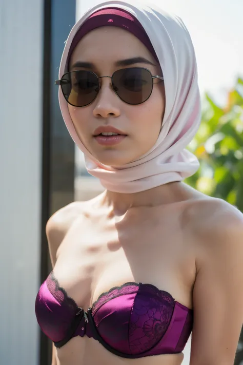 (((Sunglasses))), ((Colourful)), ((Big Tits:0.1)), ((Flat Chest:1)), Wear sunglasses and act like Rosyam, ((Closed Eyes)), ((Strapless Colourful bra Flat Chest)), Naked, Angry pose, Angry face, (((HIJAB MALAY GIRL))), masutepiece, High quality, UHD 45K, Re...