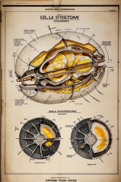 Highly detailed technical drawing of a fried egg  The illustrations should include a side view, cross-sections, and exploded views to show both the exterior and interior organs. Labeled parts with annotations specifying materials, dimensions, and other ana...