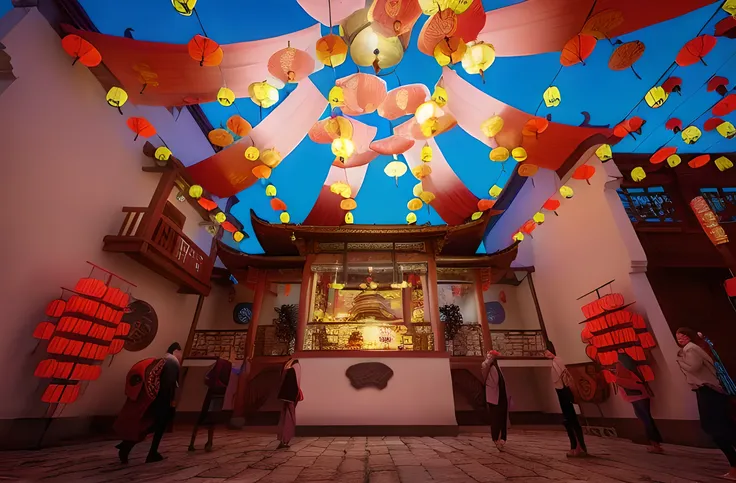 People walk around buildings，Lanterns hang from the ceiling, Beautiful rendering of the Tang Dynasty, Chinese temple, with a Chinese temple, Ray Traced Global Illumination, Cyberpunk Chinese Ancient Castle, Taoist temples and monks, Chinese Architecture, a...