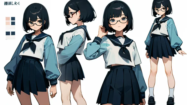 A girl with short black hair and glasses,Sailor suit,Expressionless,Front view,Black glasses, Character Sheet,Full Body Lesbian,Various poses and expressions