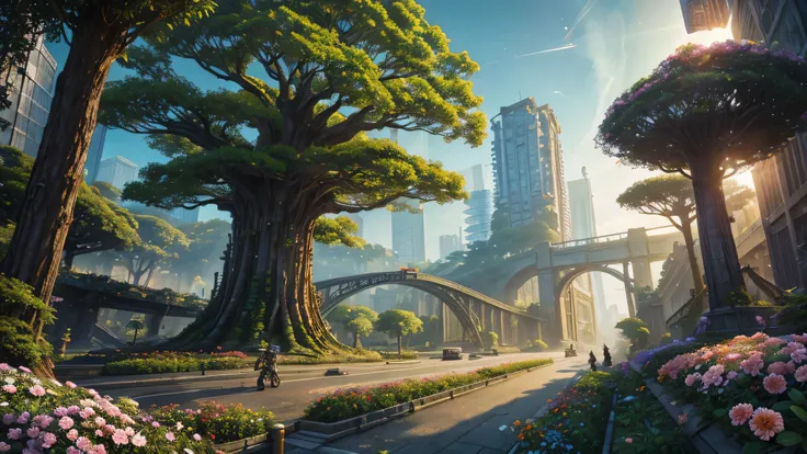 Masterpiece, robot hands a bouquet of flowers to a , mysterious, light emanates from the center, made from ruins, skyscraper, Tokyo, painting of a tree with a bridge, fantasy valley with a tree, high detailed fantasy , fantasy tree, colorful and detailed d...