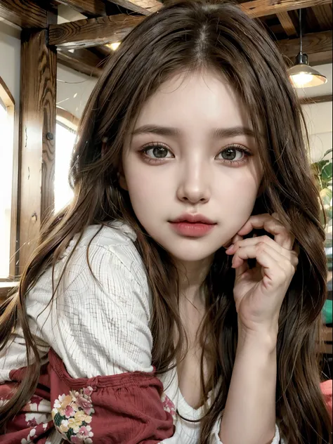 ((mejor calidad)), ((Obra maestra)), (detallado), cara perfecta, chica hermosa, ojos almendrados, cejas finas, brown wavy hair, ojos color verde, labios rellenos hermosos y rosados, ultrarealista, cara primer plano, cara de frente