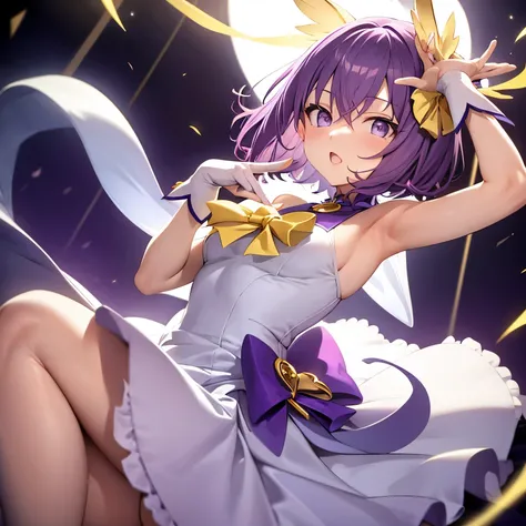 music magical girl in white and yellow dress, with (short purple hair)