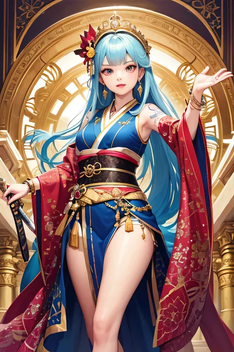 ((highest quality)), ((masterpiece)), (detailed), One beautiful girl,Dance with a curved sword,One leg raised,Perfect Face,Perfect body,Wearing a sleeveless kimono,Bracelet,mask,Tattoo