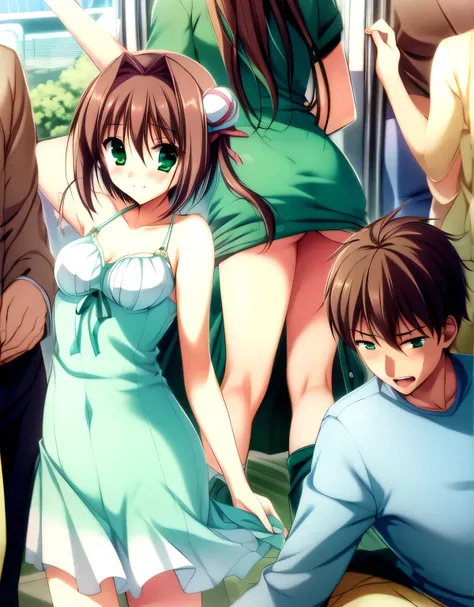 asakura_yume,(((woman１people))),Brown Hair,Normal chest,Aqua Eye,White skin,((((Are standing)))),(((((green_Summer Dresses))))),((valley)),No bra,((smile)),nsfw,(((Inside the train))),((Multiple men)),((Are standing)),(((By Meng_Surrounded by middle-aged m...