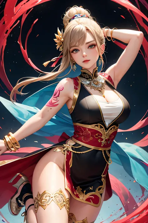 ((highest quality)), ((masterpiece)), (detailed), One beautiful girl,Dancing with a dagger,One leg raised,Perfect Face,Perfect body,Wearing a sleeveless kimono,Bracelet,mask,Tattoo