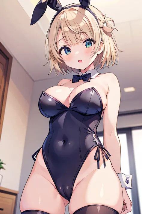 masterpiece、best quality、4K 、kawii、6years old 、huge breasts、blond hair、short hair、Shigure Ui-Vtuber、cameltoe、pale skin、black kneehighs、playboy bunny、from below、pussy