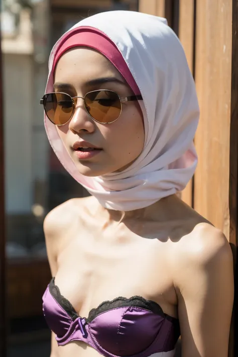 (((Sunglasses))), ((Colourful)), ((Big Tits:0.1)), ((Flat Chest:1)), Wear sunglasses and act like Rosyam, ((Closed Eyes)), ((Strapless Colourful bra Flat Chest)), Naked, Angry pose, Angry face, (((HIJAB MALAY GIRL))), masutepiece, High quality, UHD 45K, Re...