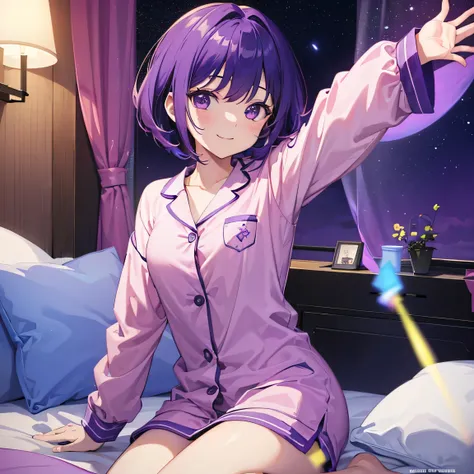 (T Masterpiece，4k wallpaper，Best Quality))、((girl１people))、(solo)、Bright and Brilliant，(Purple Hair)、(Shortcuts:1.3)、smile、Bedroom、pajamas、night