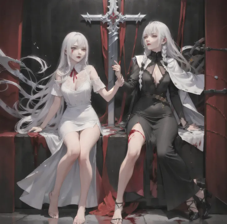 (best quality,highres,ultra-detailed:1.2),a woman with a blood-stained great sword, disheveled hairstyle, long braids, a woman with dyed white hair, 28 years old, wearing a black short-sleeved dress, lace at the hem., alluring atmosphere, charming, beautif...